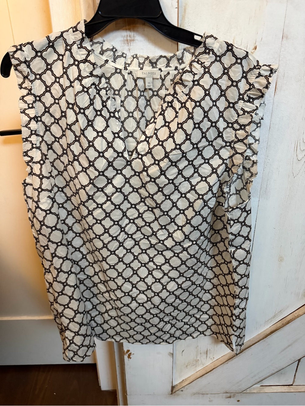 Talbots Cream and Black Geometric Print Sleeveless Blouse